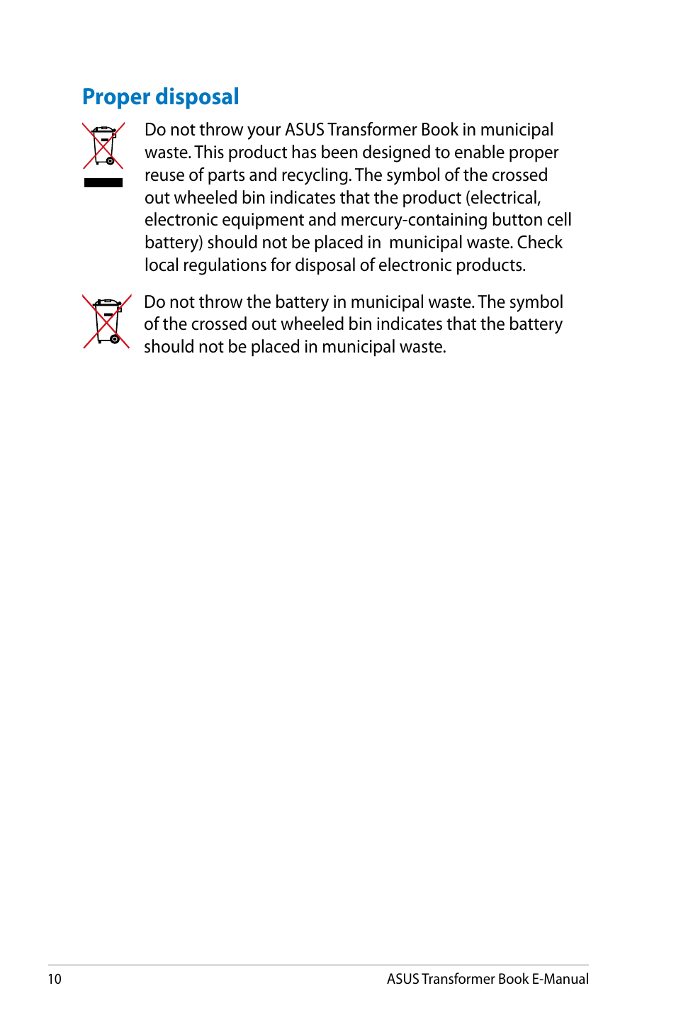 Proper disposal | Asus TX300CA User Manual | Page 10 / 120