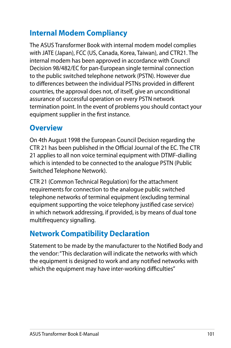 Internal modem compliancy, Overview, Network compatibility declaration | Asus TX300CA User Manual | Page 101 / 120