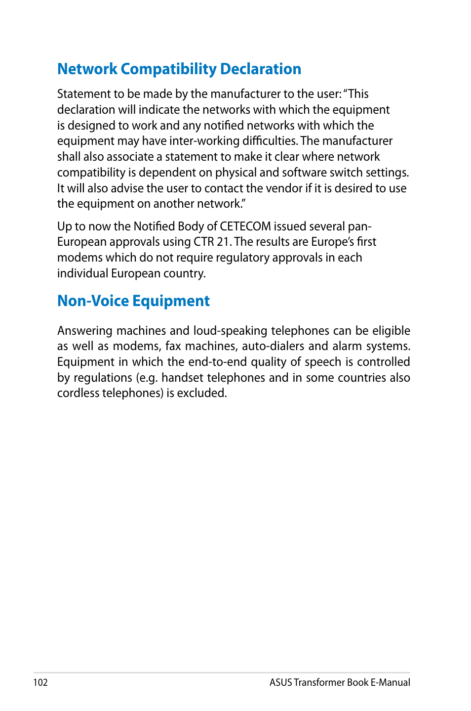 Network compatibility declaration, Non-voice equipment | Asus TX300CA User Manual | Page 102 / 120