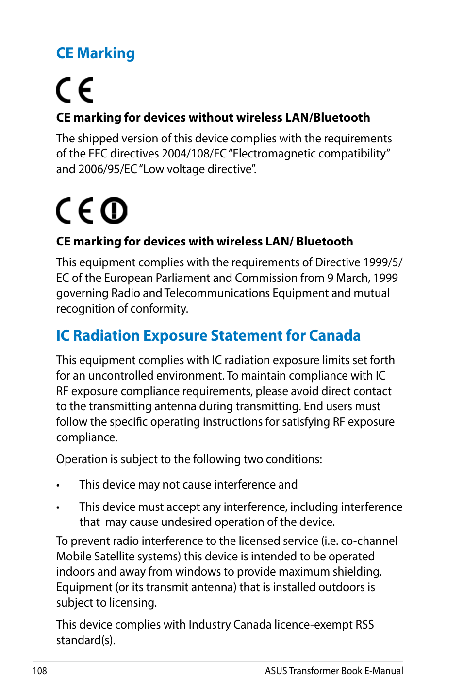 Ce marking, Ic radiation exposure statement for canada | Asus TX300CA User Manual | Page 108 / 120