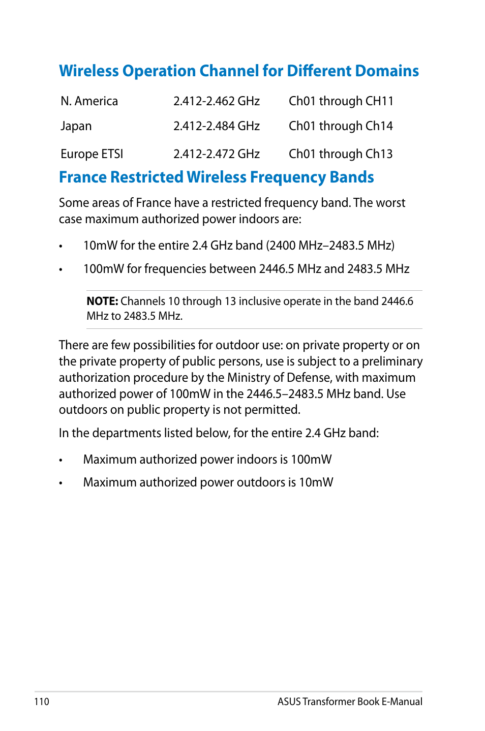 Wireless operation channel for different domains, France restricted wireless frequency bands | Asus TX300CA User Manual | Page 110 / 120