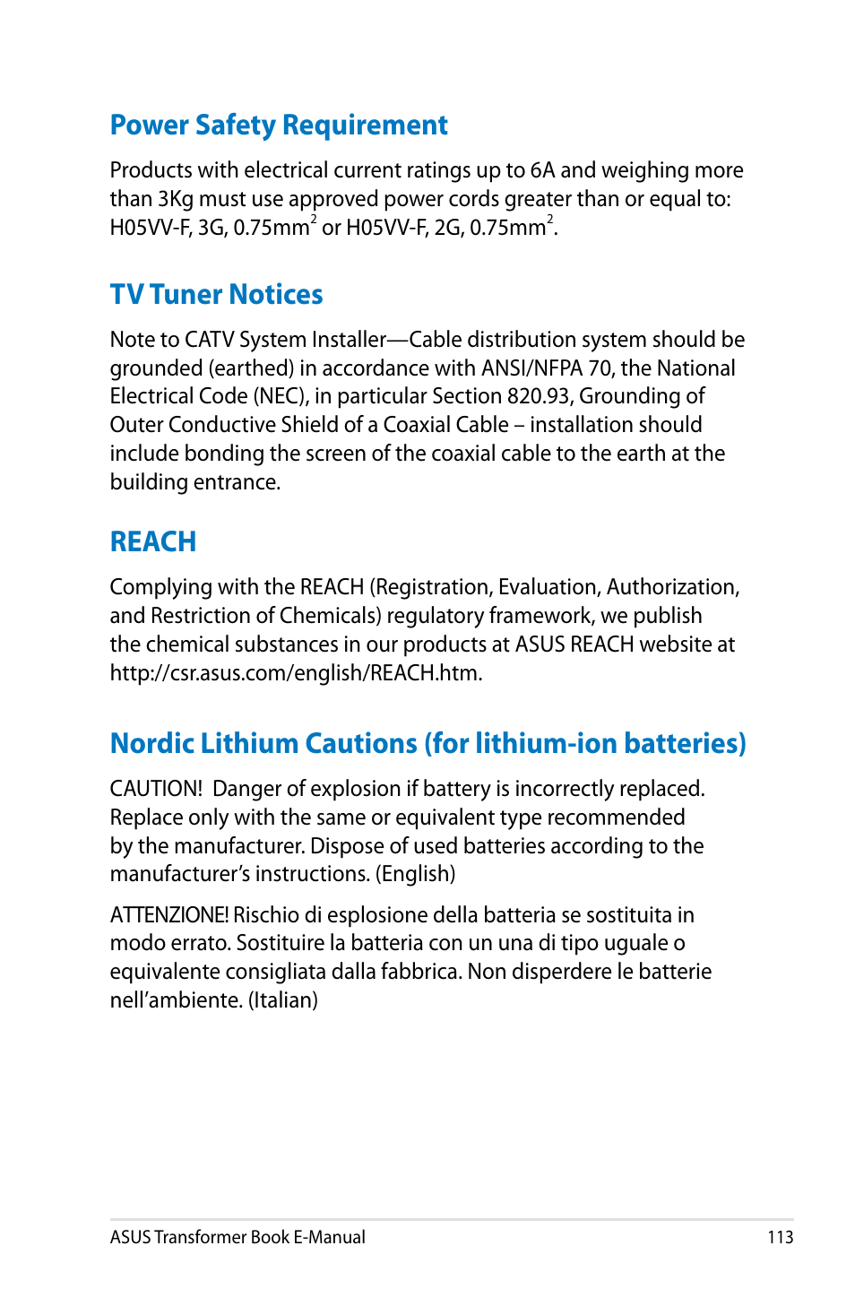 Power safety requirement, Tv tuner notices, Reach | Asus TX300CA User Manual | Page 113 / 120