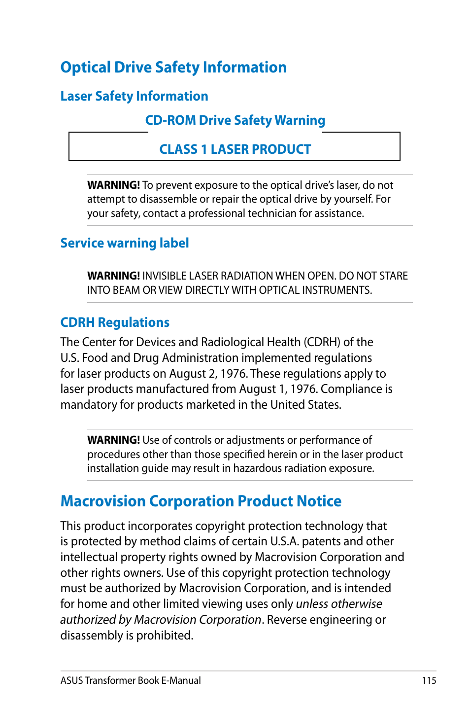 Optical drive safety information, Macrovision corporation product notice | Asus TX300CA User Manual | Page 115 / 120
