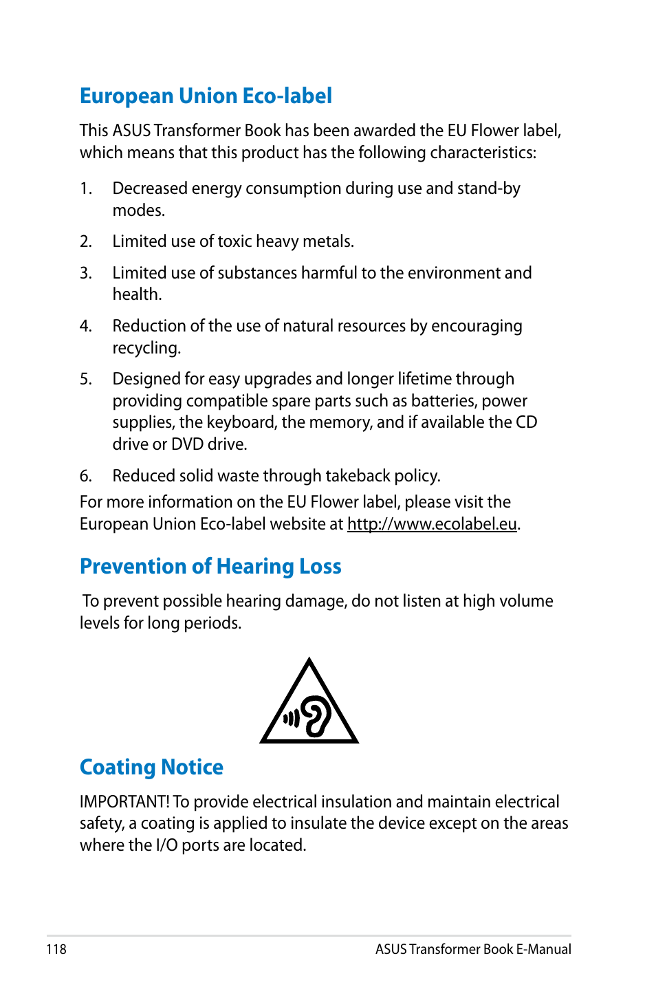 European union eco-label, Prevention of hearing loss, Coating notice | Asus TX300CA User Manual | Page 118 / 120