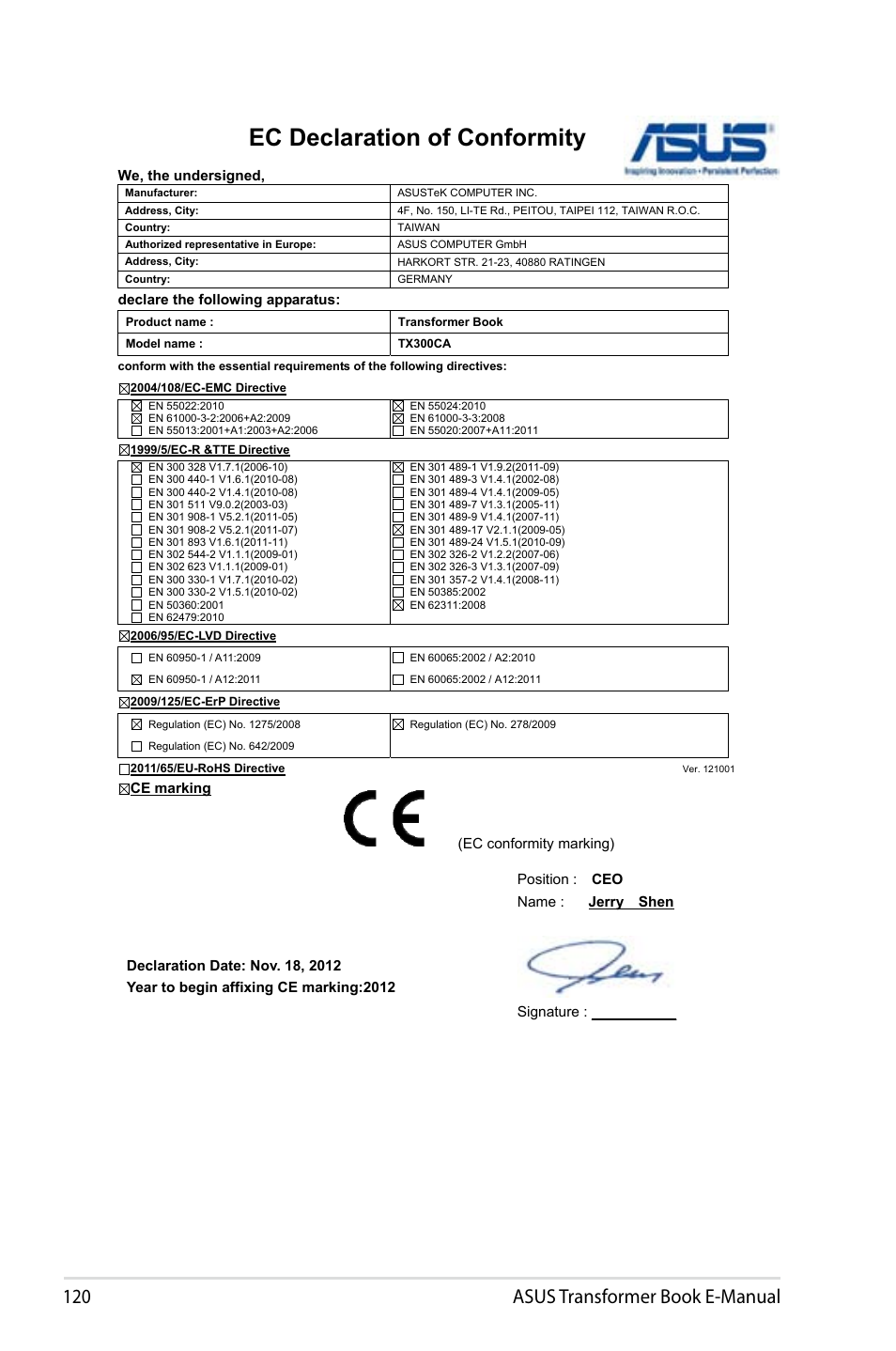 Ec declaration of conformity, 10 asus transformer book e-manual | Asus TX300CA User Manual | Page 120 / 120