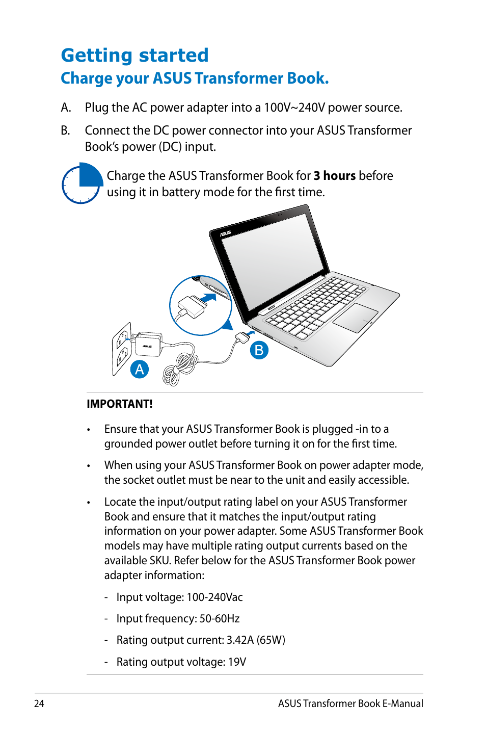 Getting started, Charge your asus transformer book | Asus TX300CA User Manual | Page 24 / 120