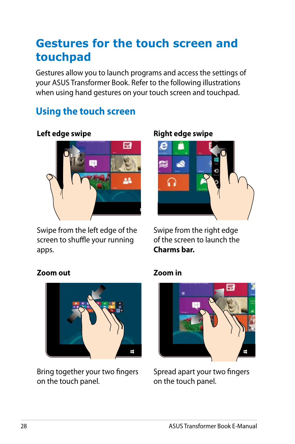 Gestures for the touch screen and touchpad, Using the touch screen | Asus TX300CA User Manual | Page 28 / 120