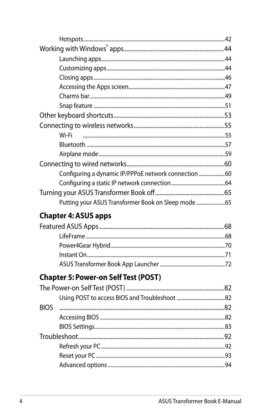 Chapter 4: asus apps, Chapter 5: power-on self test (post) | Asus TX300CA User Manual | Page 4 / 120