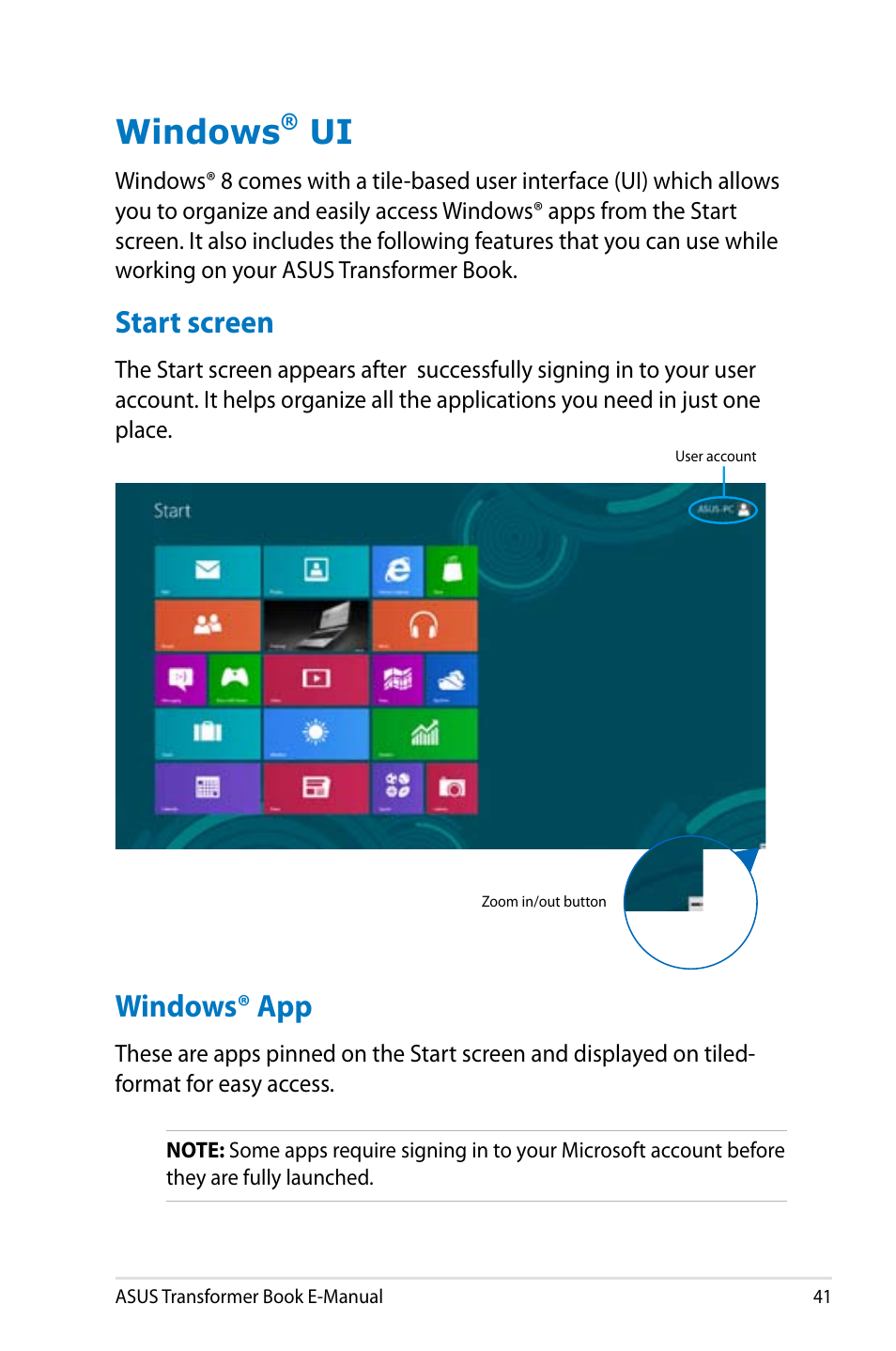 Windows® ui, Start screen, Windows® app | Windows, Start screen windows® app | Asus TX300CA User Manual | Page 41 / 120