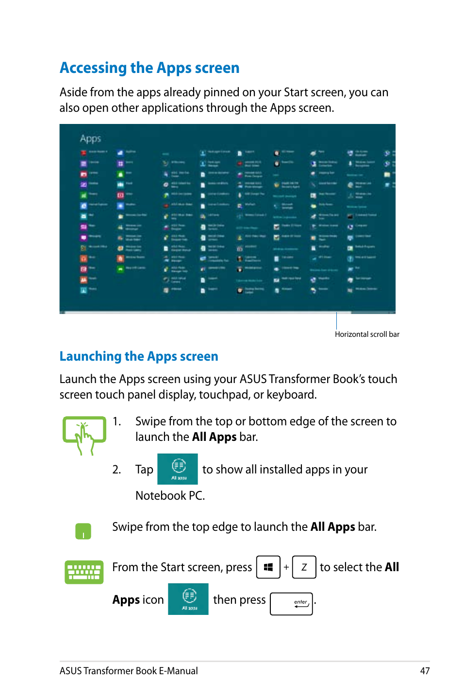 Accessing the apps screen | Asus TX300CA User Manual | Page 47 / 120