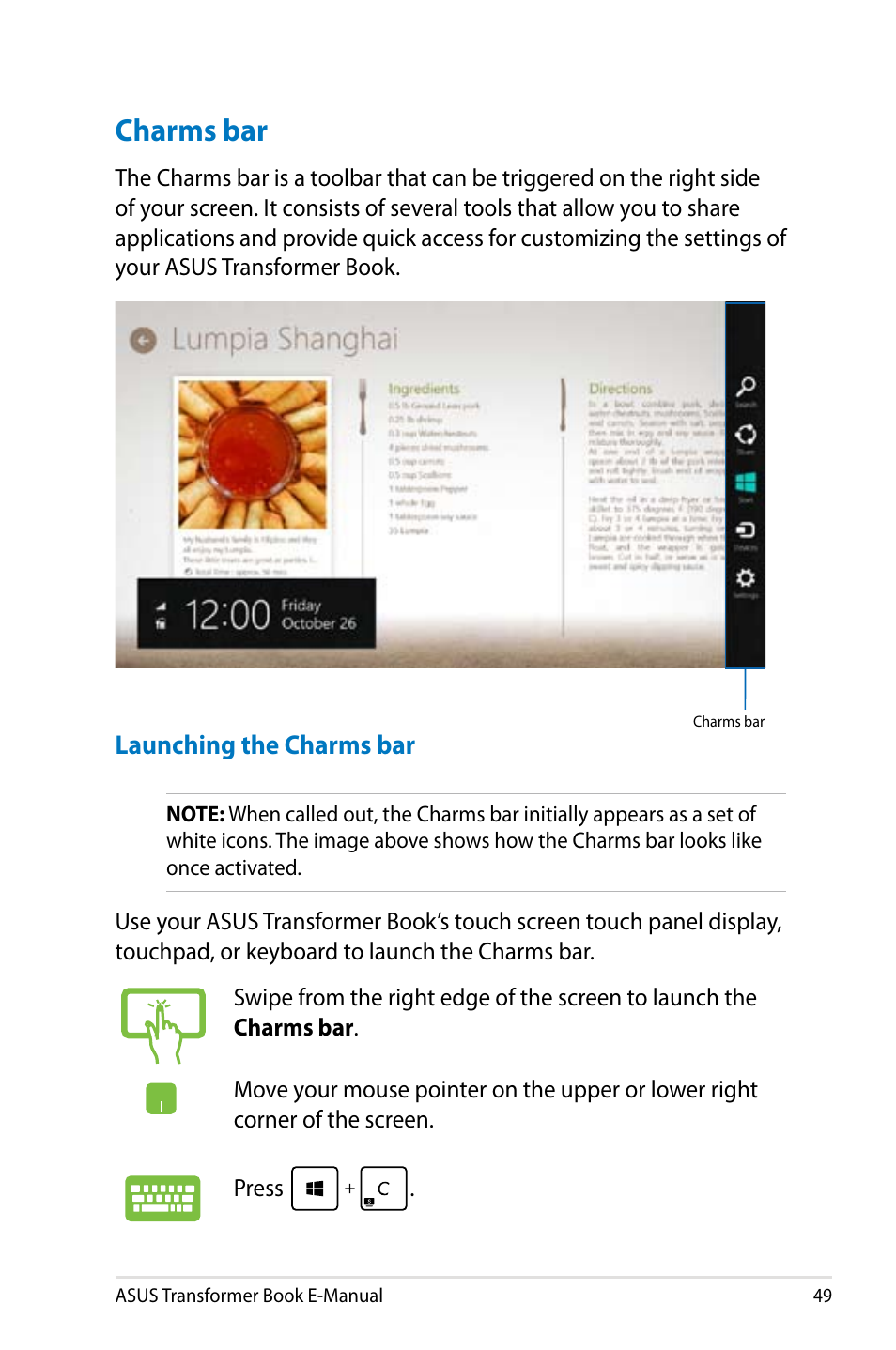 Charms bar | Asus TX300CA User Manual | Page 49 / 120