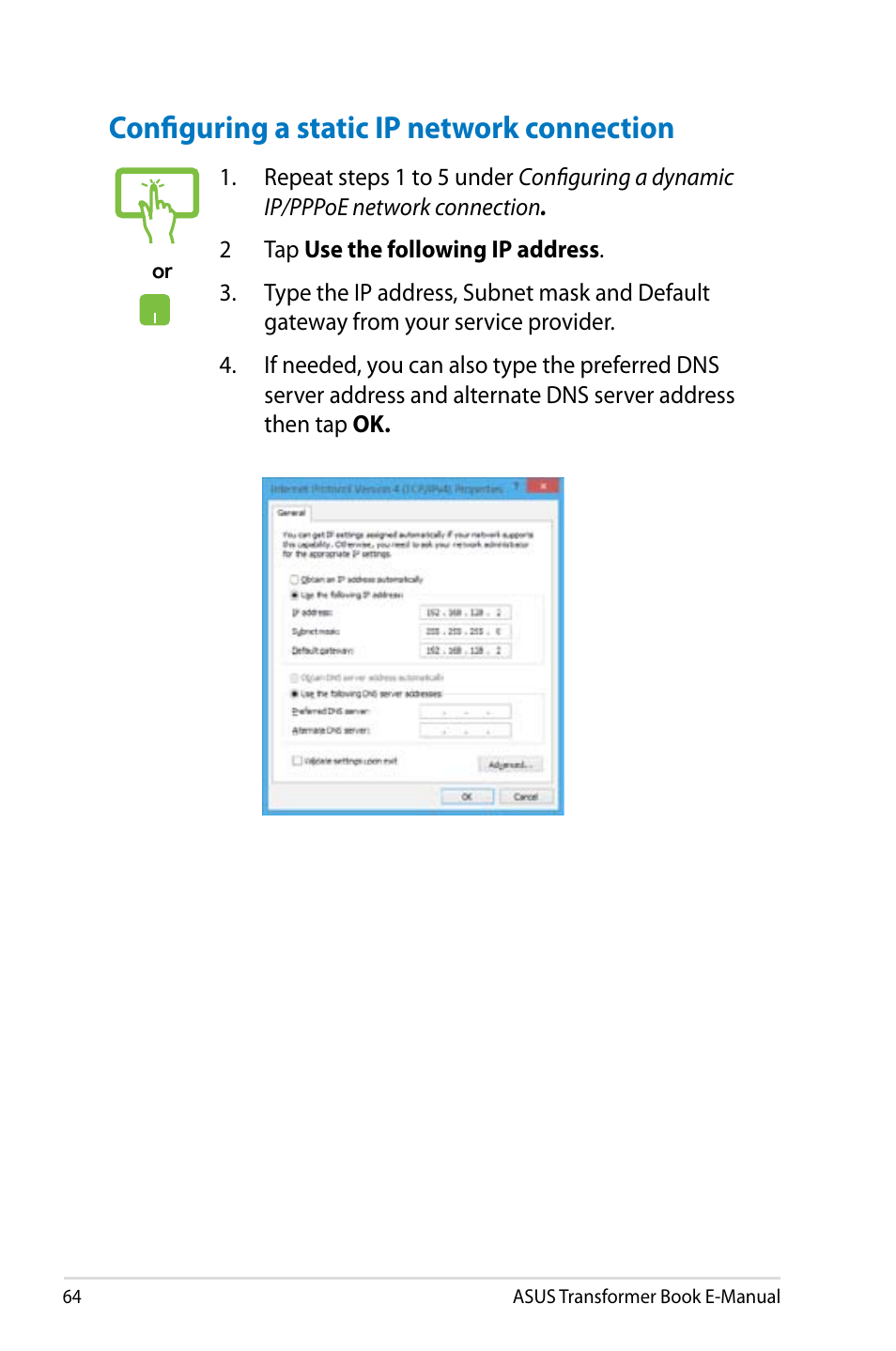 Configuring a static ip network connection | Asus TX300CA User Manual | Page 64 / 120