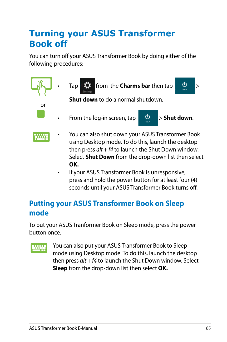 Turning your asus transformer book off, Putting your asus transformer book on sleep mode | Asus TX300CA User Manual | Page 65 / 120