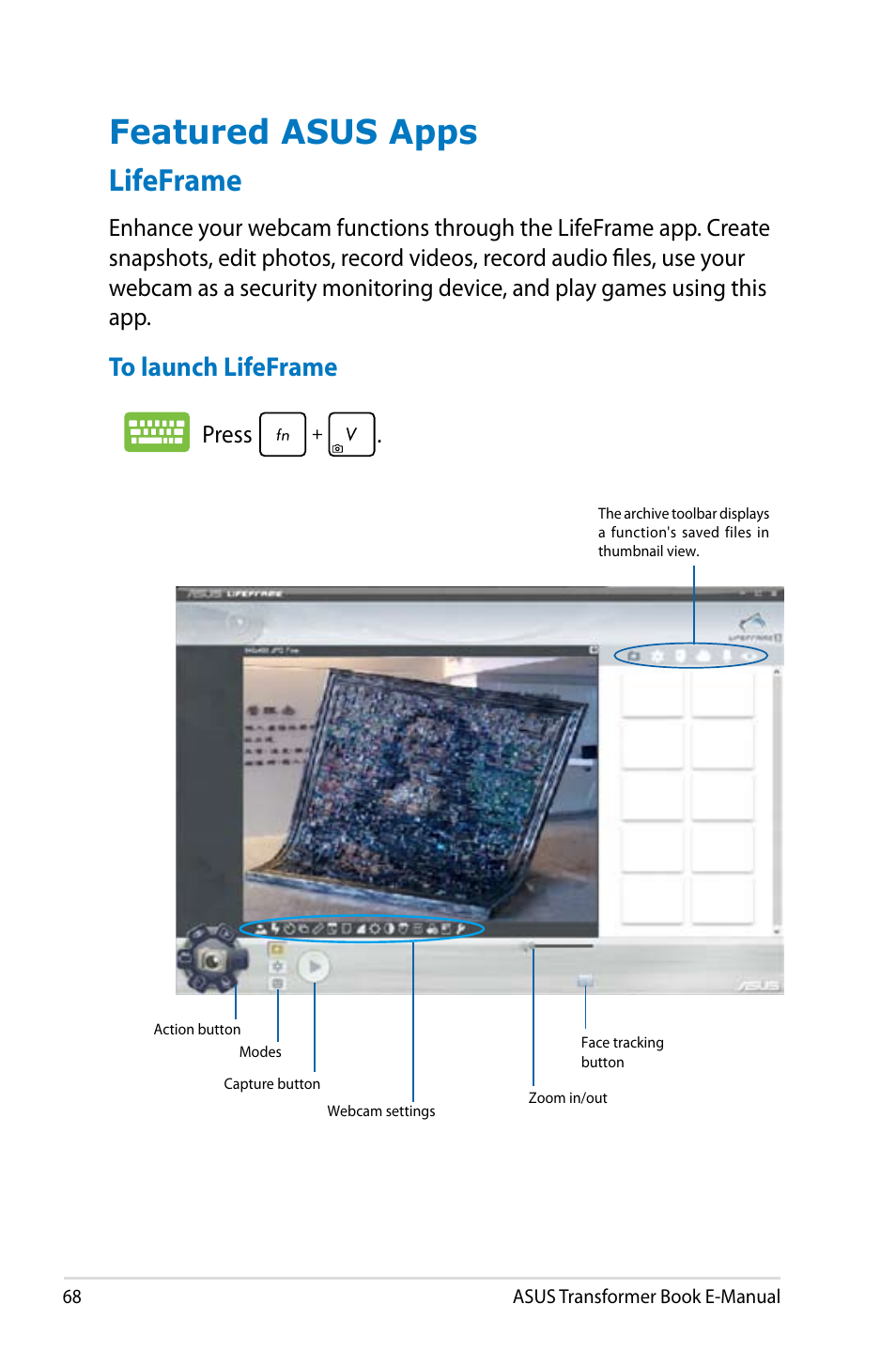 Featured asus apps, Lifeframe, Press | Asus TX300CA User Manual | Page 68 / 120