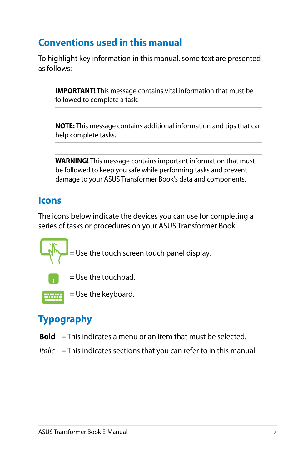 Conventions used in this manual, Icons, Typography | Conventions used in this manual icons | Asus TX300CA User Manual | Page 7 / 120