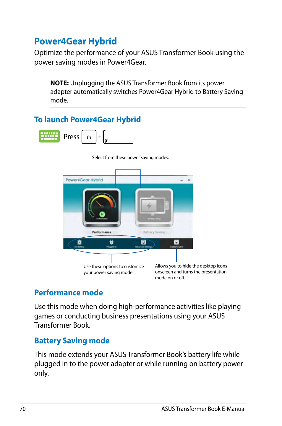 Power4gear hybrid, Battery saving mode, Performance mode | Asus TX300CA User Manual | Page 70 / 120