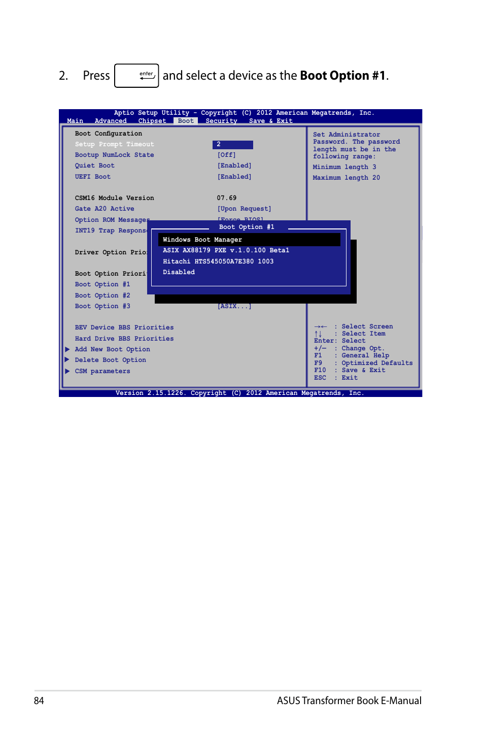 Press and select a device as the boot option #1, 84 asus transformer book e-manual | Asus TX300CA User Manual | Page 84 / 120