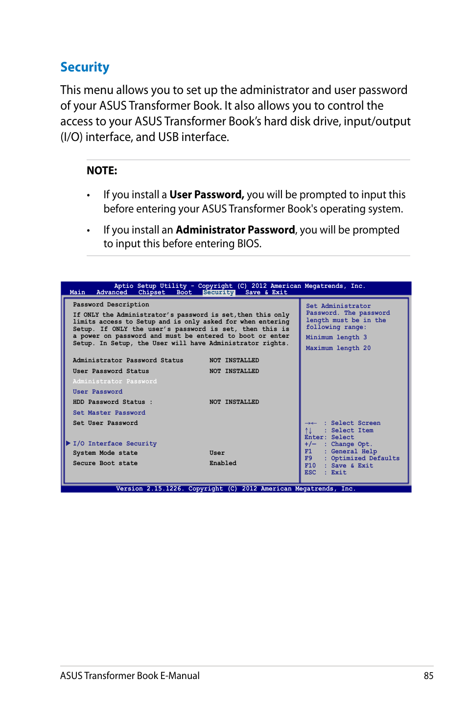 Security, Asus transformer book e-manual 85 | Asus TX300CA User Manual | Page 85 / 120