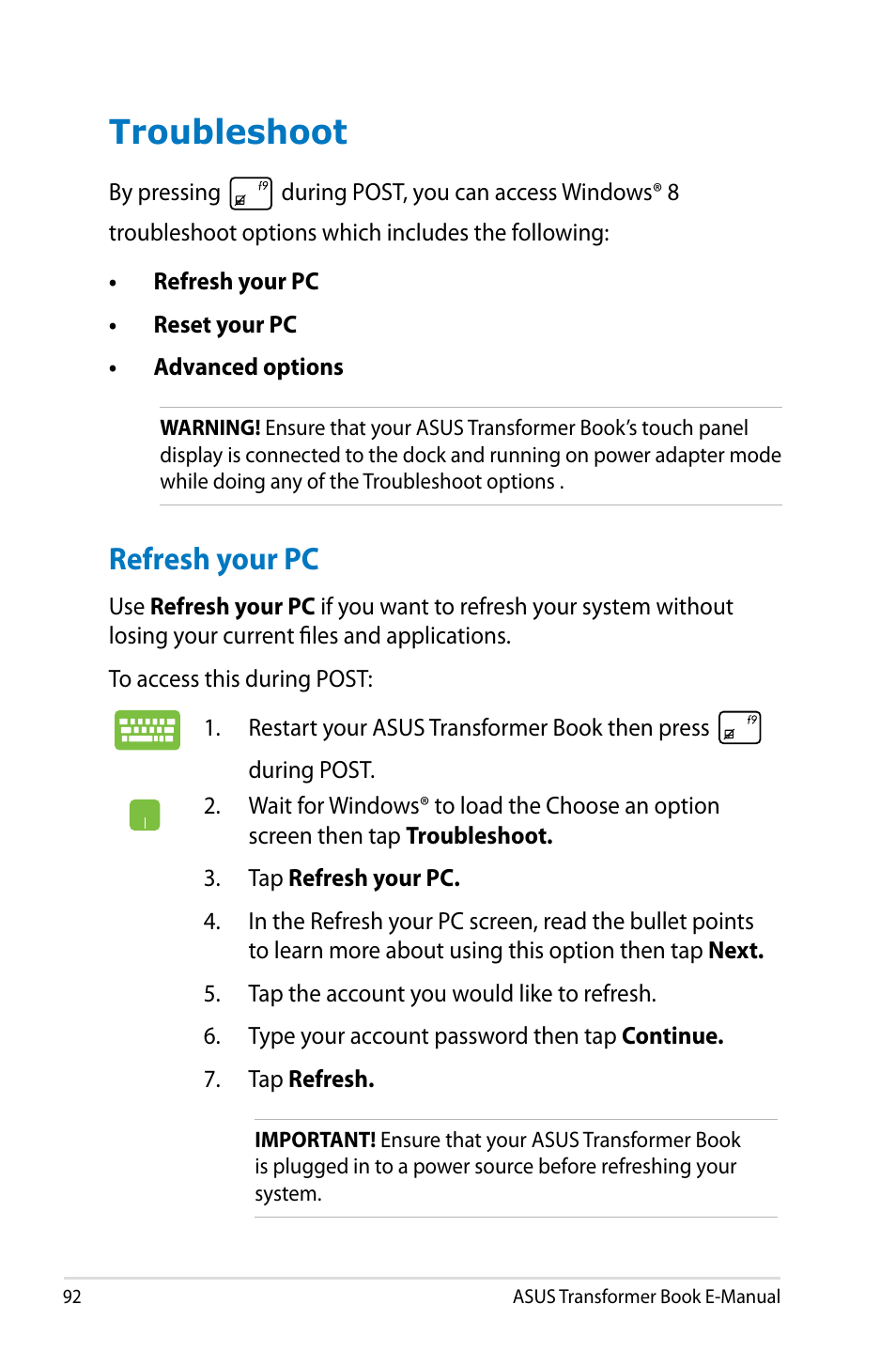 Troubleshoot, Refresh your pc | Asus TX300CA User Manual | Page 92 / 120