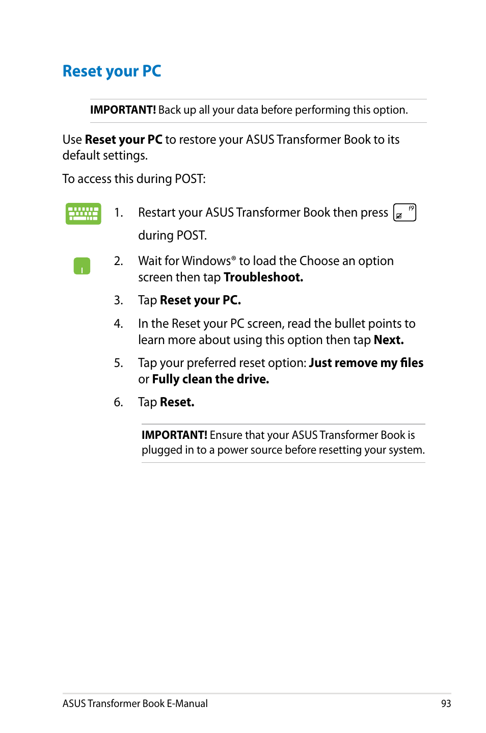 Reset your pc | Asus TX300CA User Manual | Page 93 / 120
