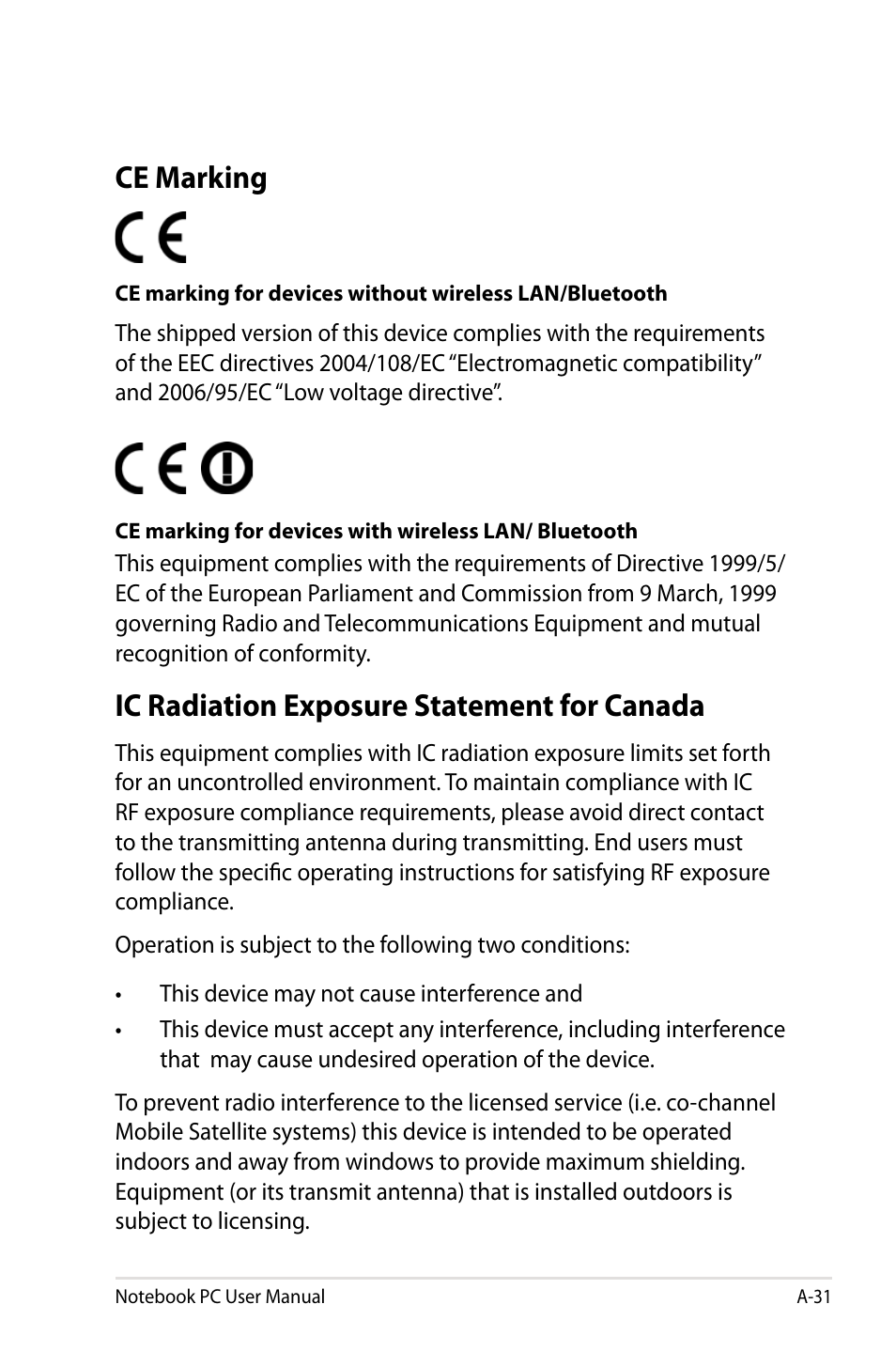 Ce marking, Ic radiation exposure statement for canada | Asus X501A User Manual | Page 103 / 122