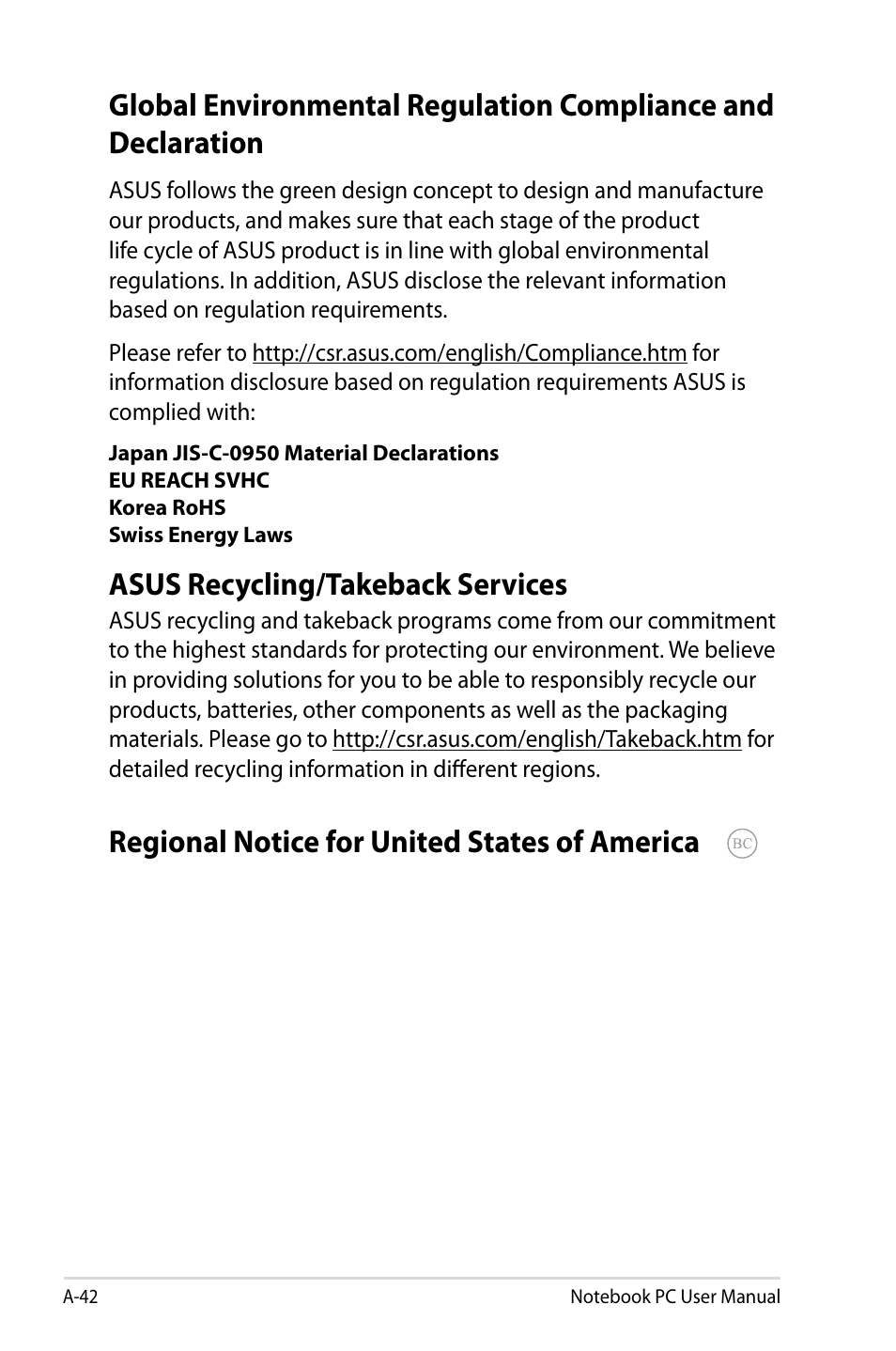 Asus recycling/takeback services, Regional notice for united states of america | Asus X501A User Manual | Page 114 / 122