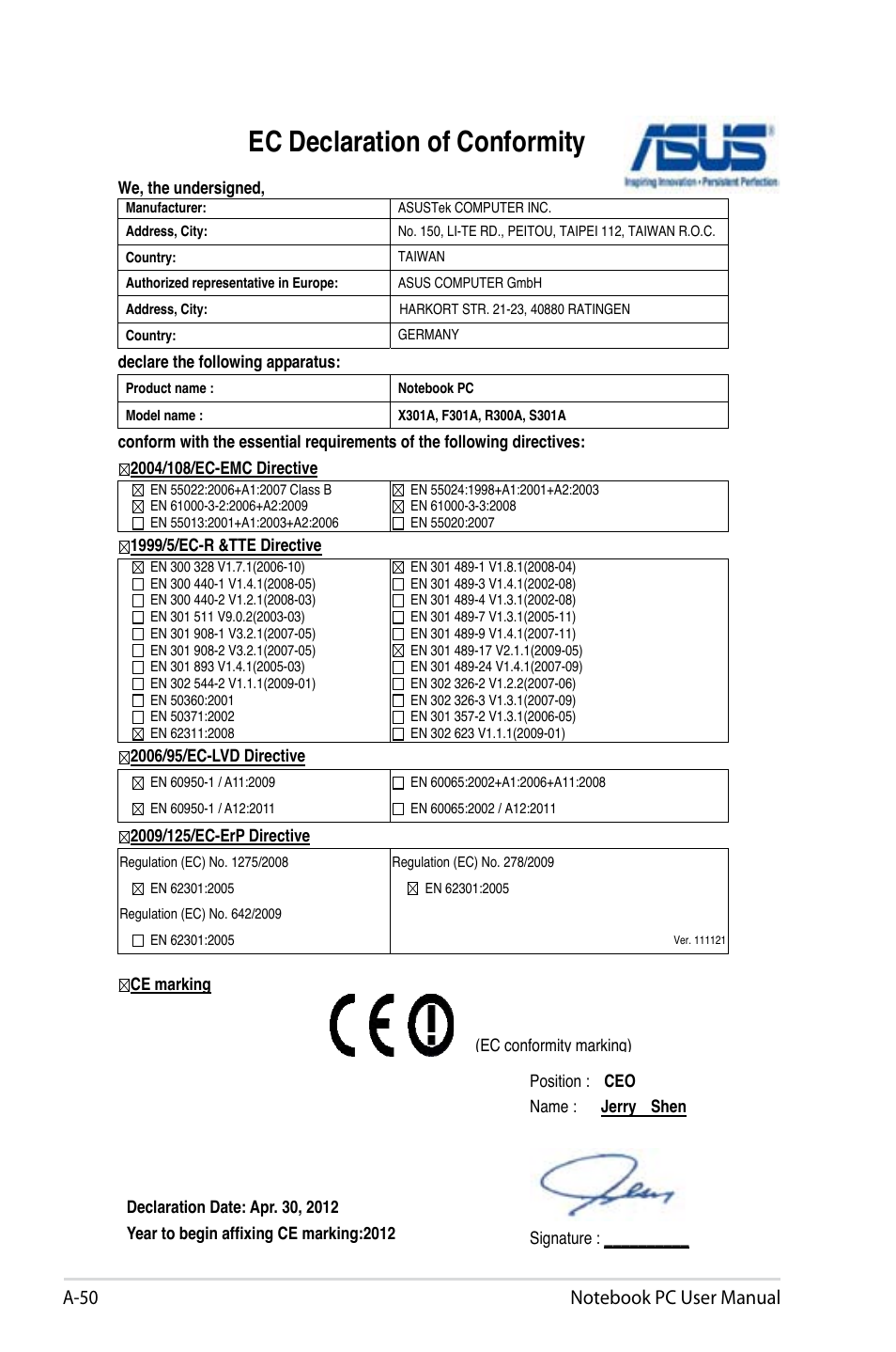 Ec declaration of conformity | Asus X501A User Manual | Page 122 / 122