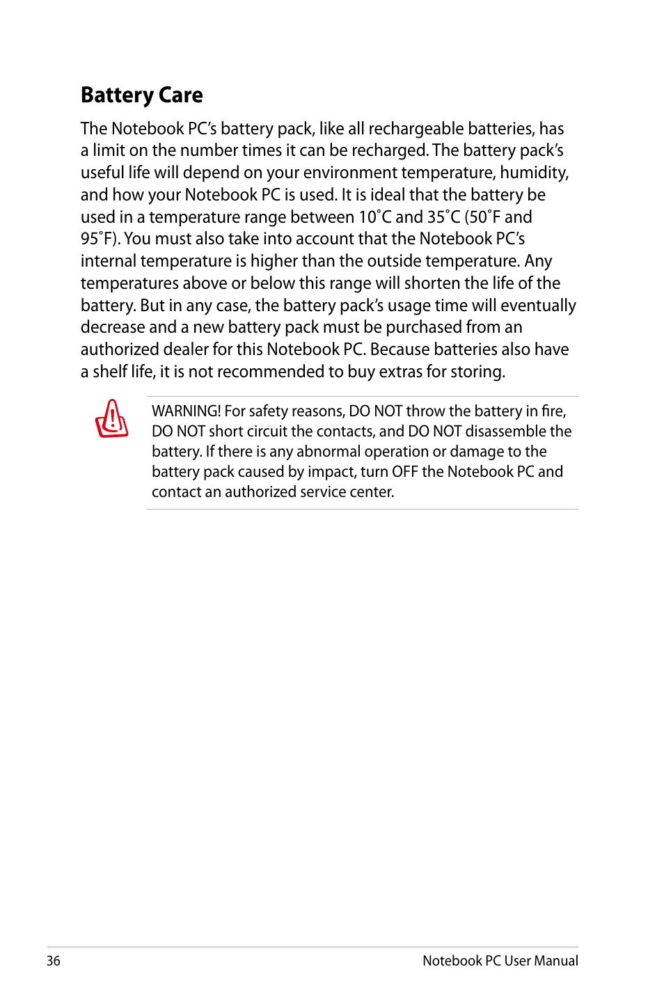Battery care | Asus X501A User Manual | Page 36 / 122