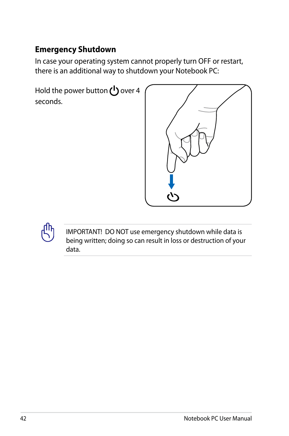 Emergency shutdown | Asus X501A User Manual | Page 42 / 122