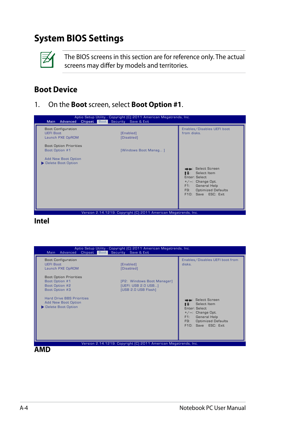 System bios settings, Boot device, On the boot screen, select boot option #1 | Intel | Asus X501A User Manual | Page 76 / 122