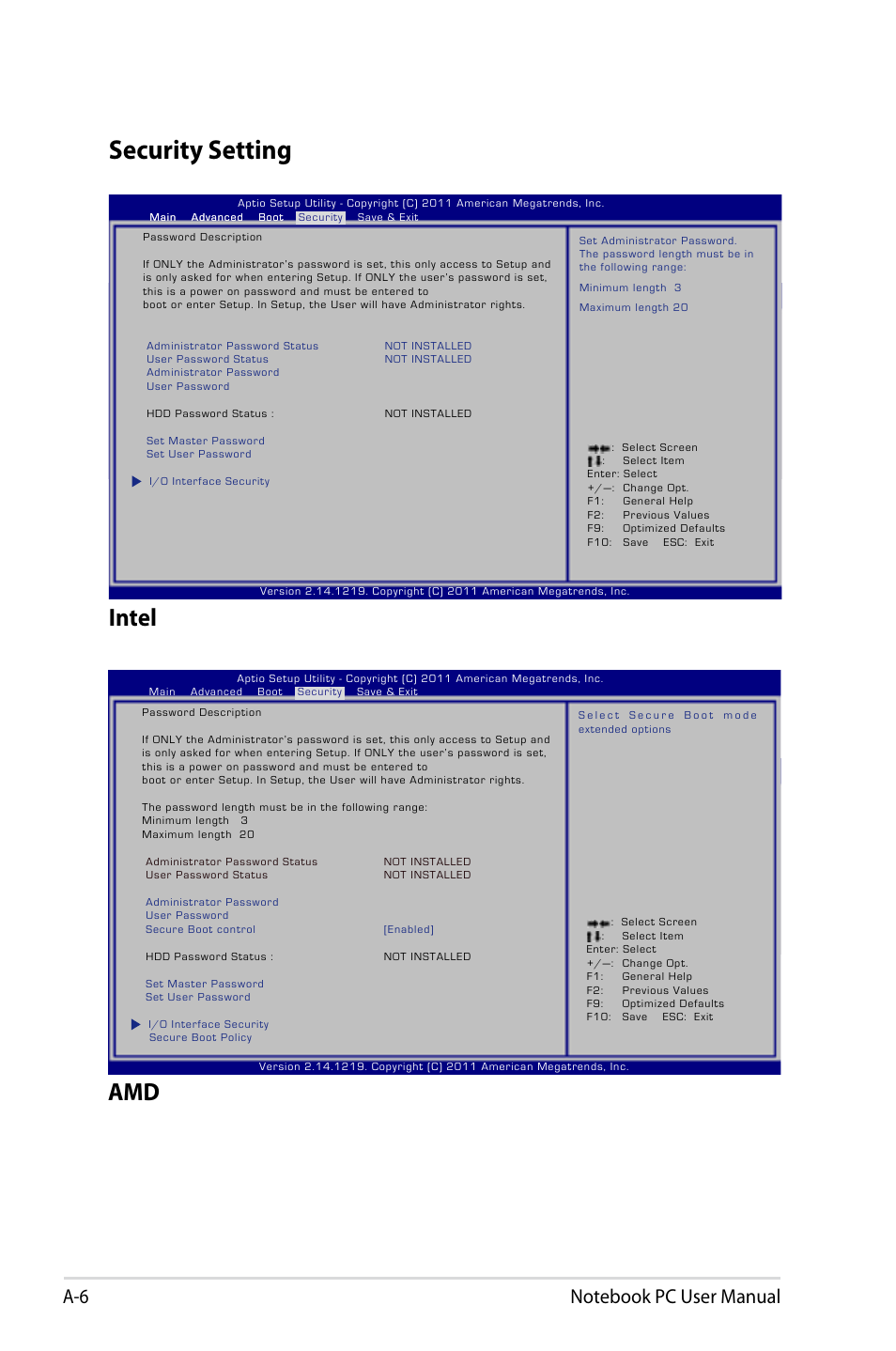 Security setting, Intel | Asus X501A User Manual | Page 78 / 122