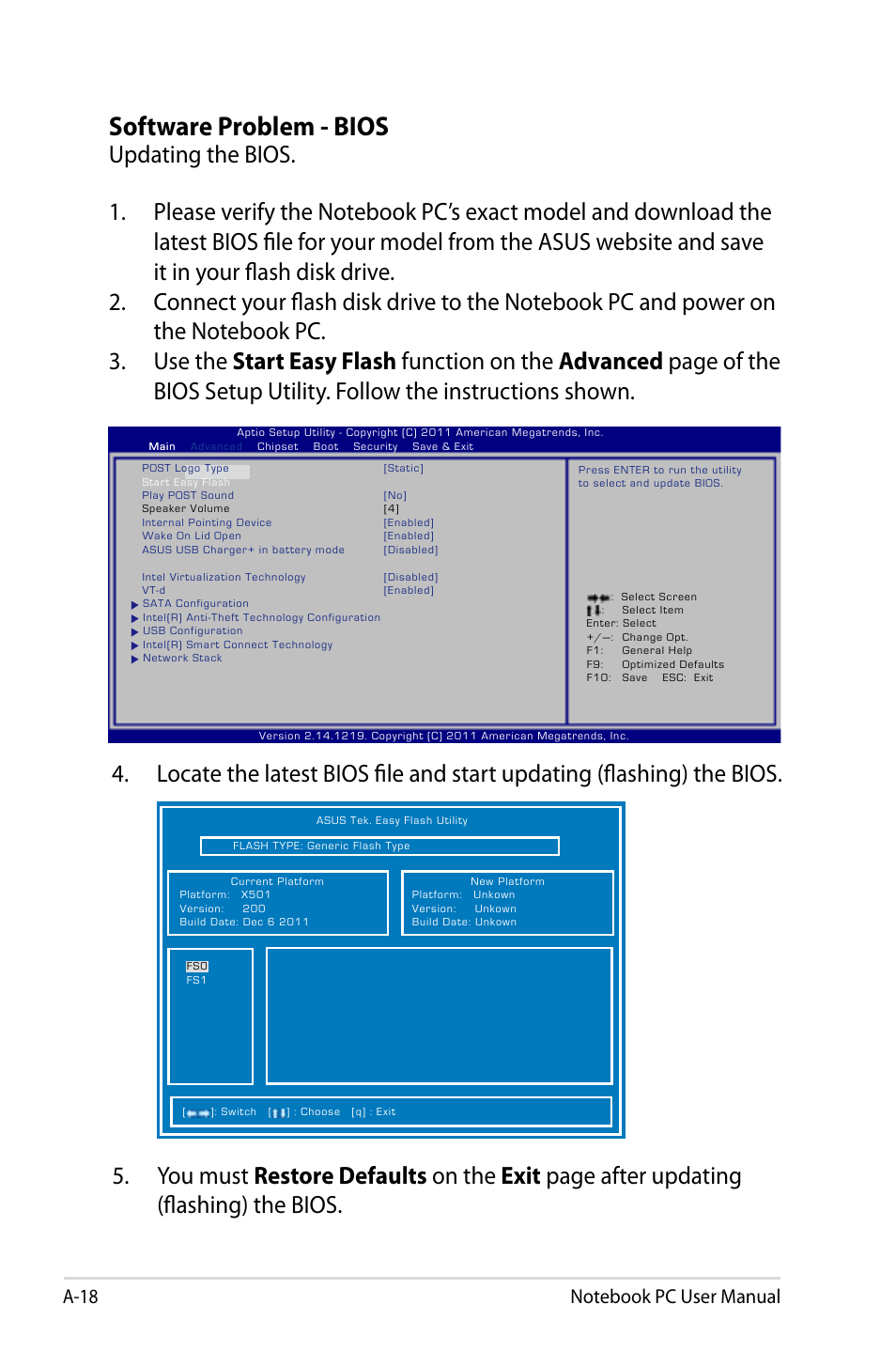 Software problem - bios | Asus X501A User Manual | Page 90 / 122