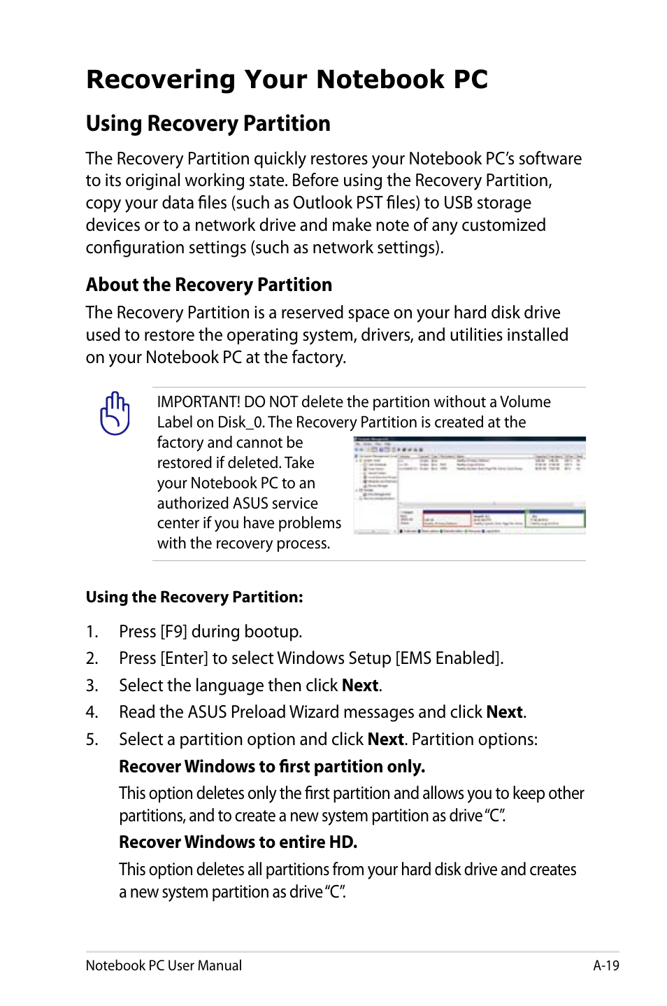 Recovering your notebook pc, Using recovery partition | Asus X501A User Manual | Page 91 / 122