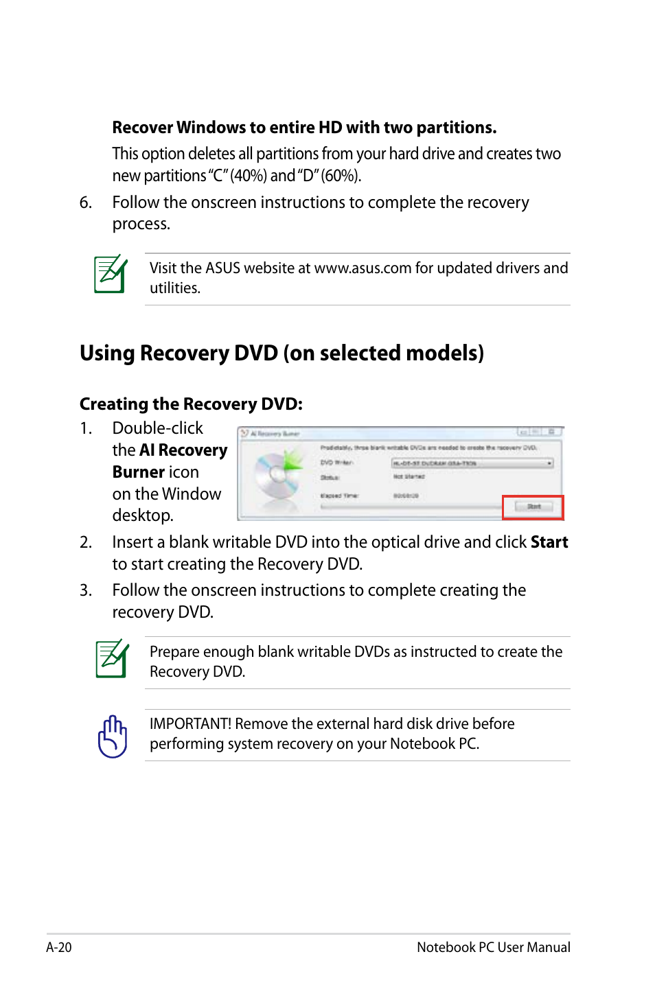 Using recovery dvd (on selected models) | Asus X501A User Manual | Page 92 / 122