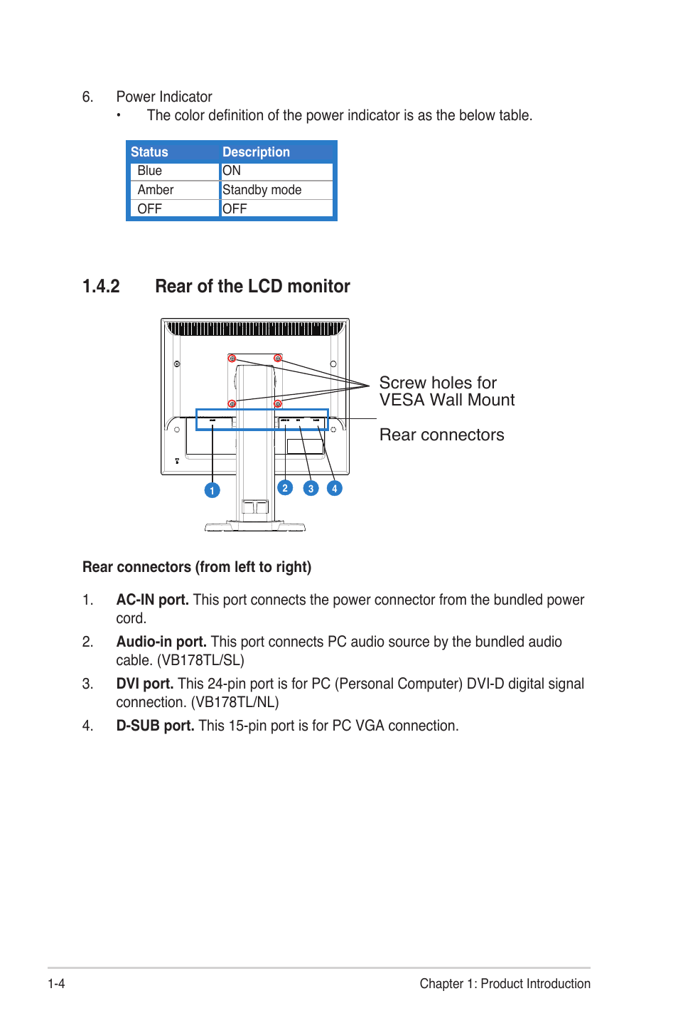2 rear of the lcd monitor, Screw holes for vesa wall mount rear connectors | Asus VB178TL User Manual | Page 10 / 19