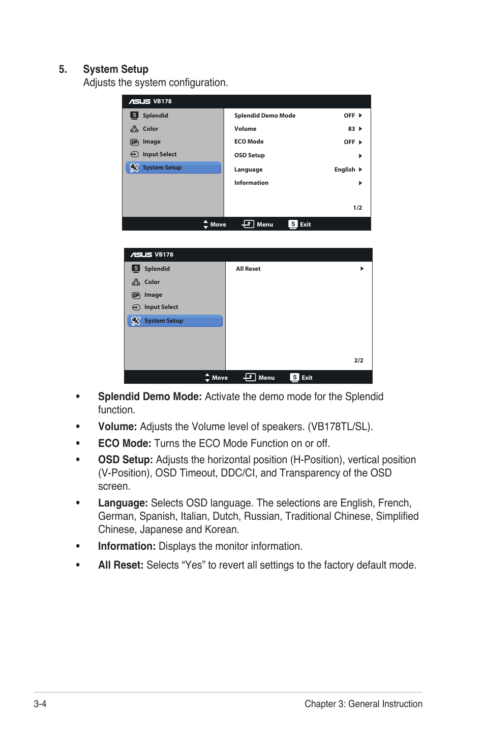 System setup adjusts the system configuration | Asus VB178TL User Manual | Page 16 / 19