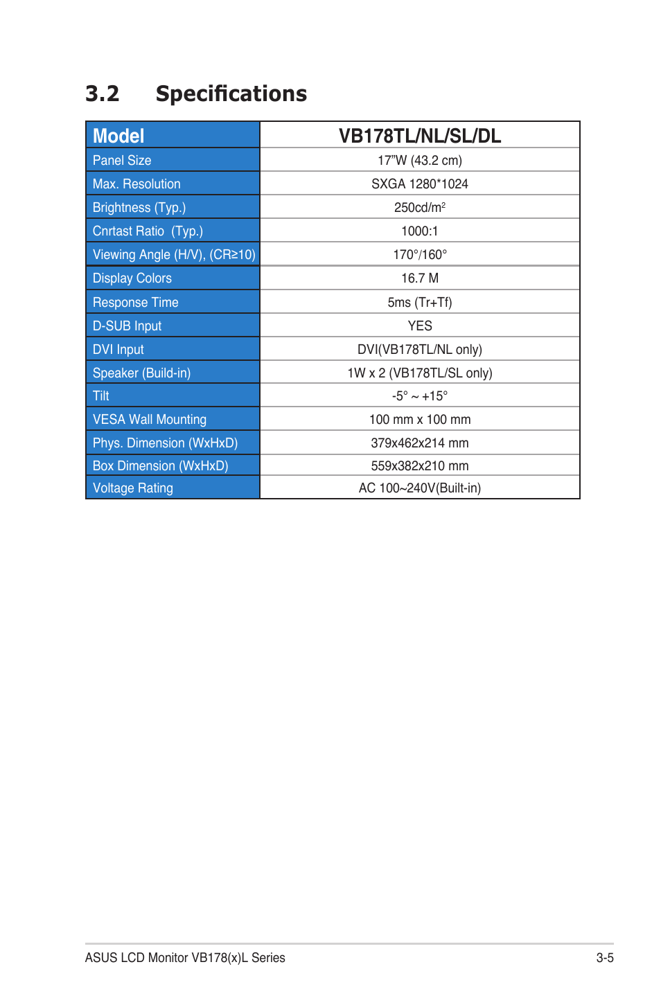 2 specifications, Model vb178tl/nl/sl/dl | Asus VB178TL User Manual | Page 17 / 19