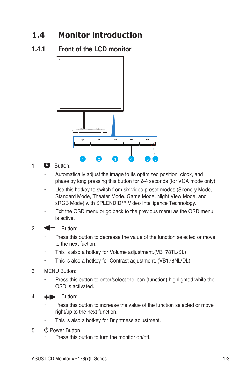 4 monitor introduction, 1 front of the lcd monitor | Asus VB178TL User Manual | Page 9 / 19
