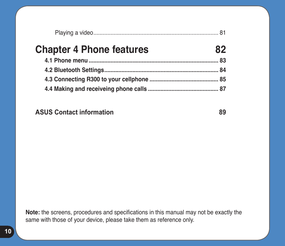 Chapter 4 phone features 82 | Asus R300 User Manual | Page 10 / 89