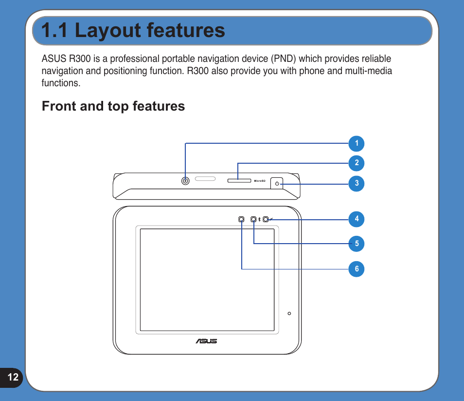 1 layout features, Front and top features | Asus R300 User Manual | Page 12 / 89