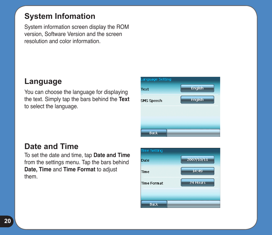 System infomation, Language, Date and time | Asus R300 User Manual | Page 20 / 89