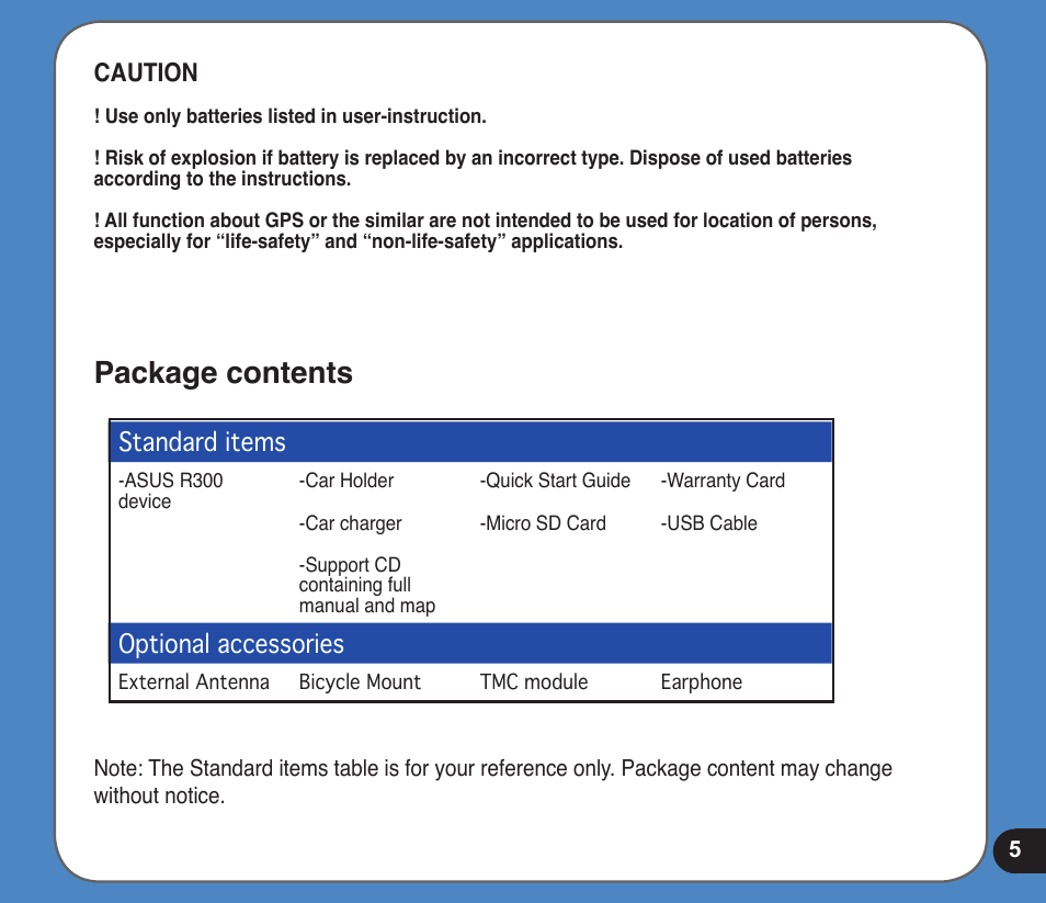 Package contents, Caution, Standard items | Optional accessories | Asus R300 User Manual | Page 5 / 89