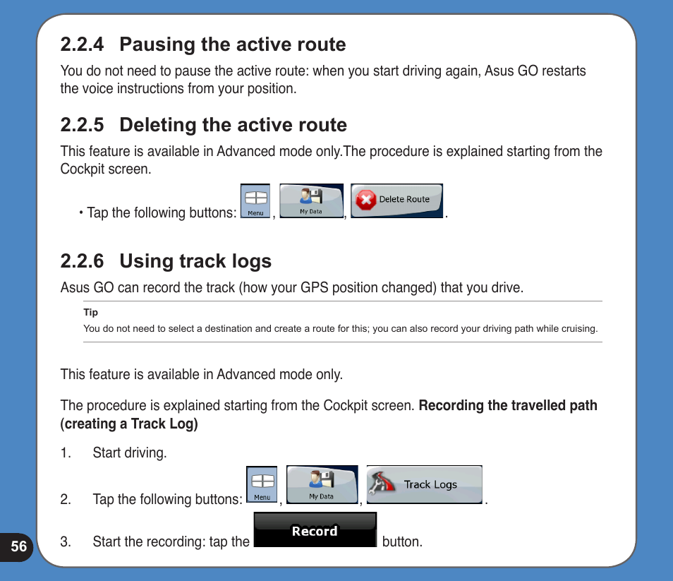 Pausing the active route, Deleting the active route, Using track logs | Asus R300 User Manual | Page 56 / 89