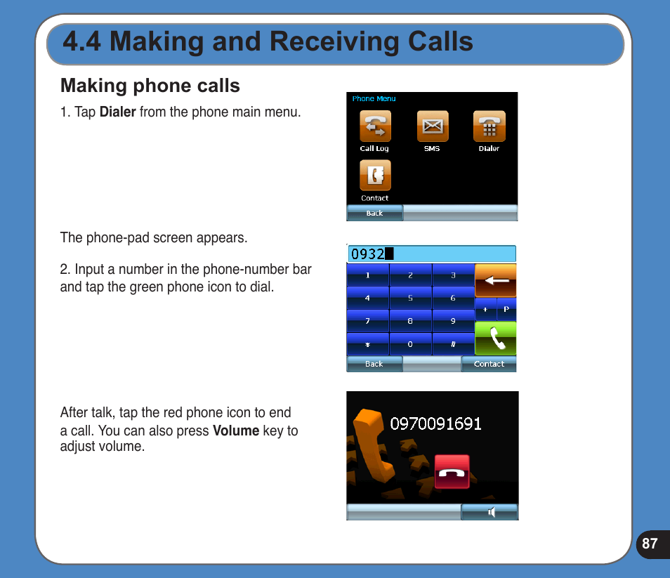 Making and receiving calls, Making phone calls | Asus R300 User Manual | Page 87 / 89