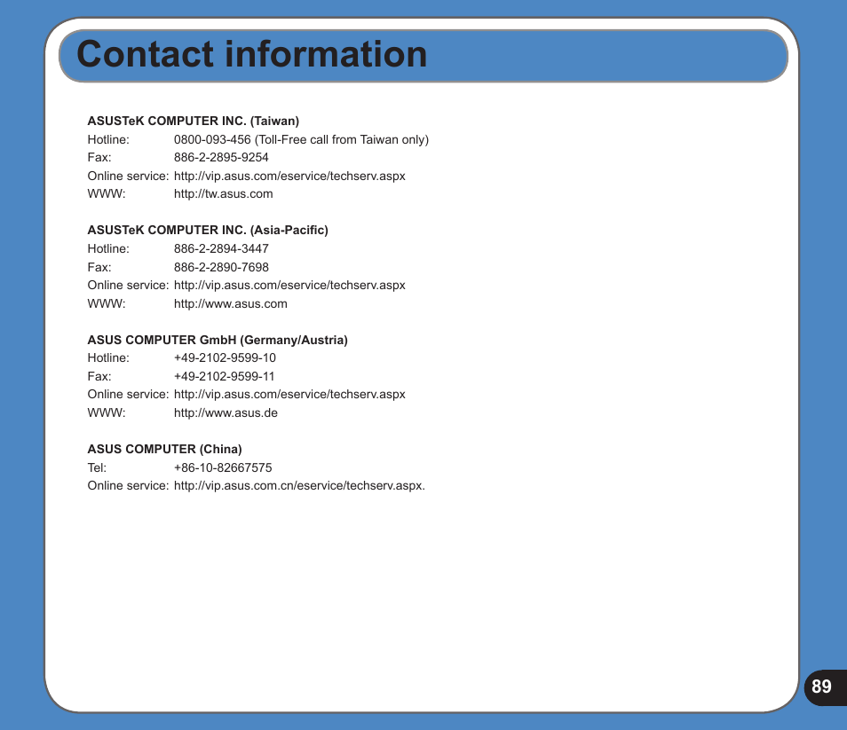 Contact information | Asus R300 User Manual | Page 89 / 89