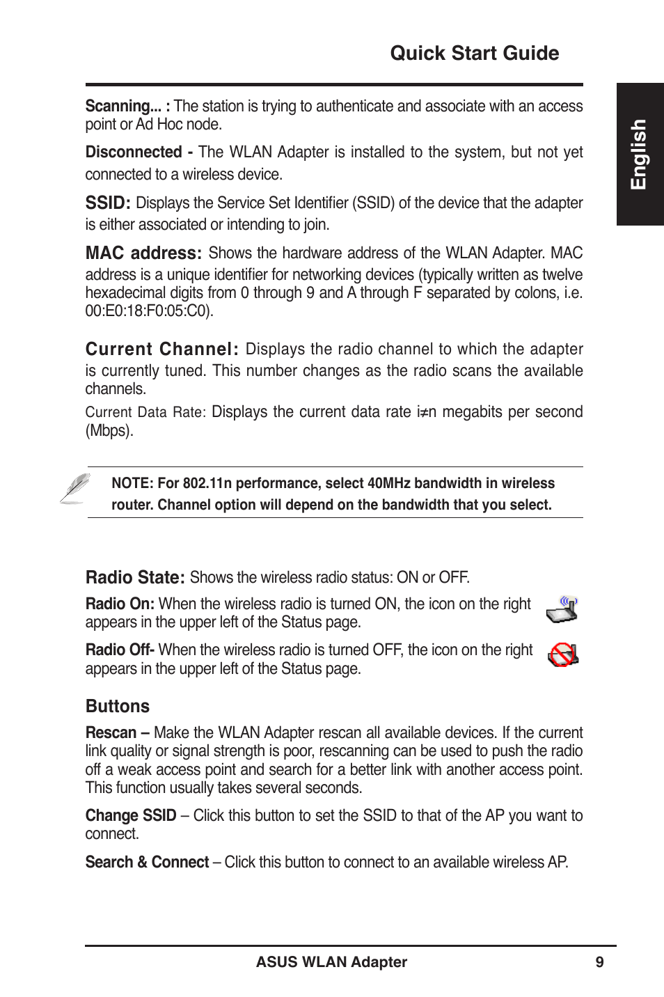 Quick start guide english | Asus WL-160W User Manual | Page 10 / 127