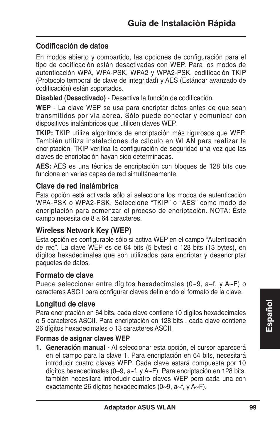 Guía de instalación rápida español | Asus WL-160W User Manual | Page 100 / 127