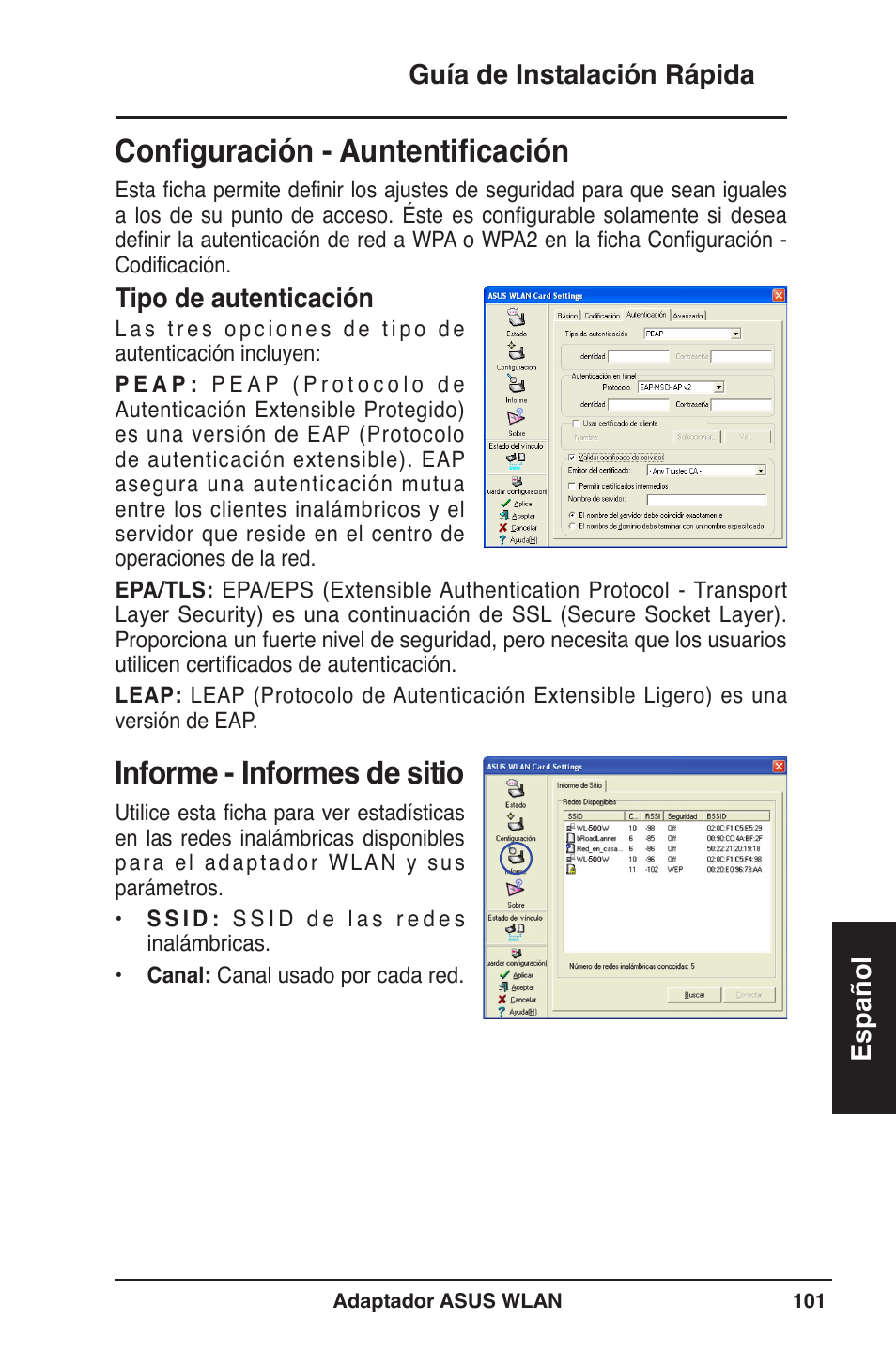 Configuración - auntentificación, Informe - informes de sitio | Asus WL-160W User Manual | Page 102 / 127