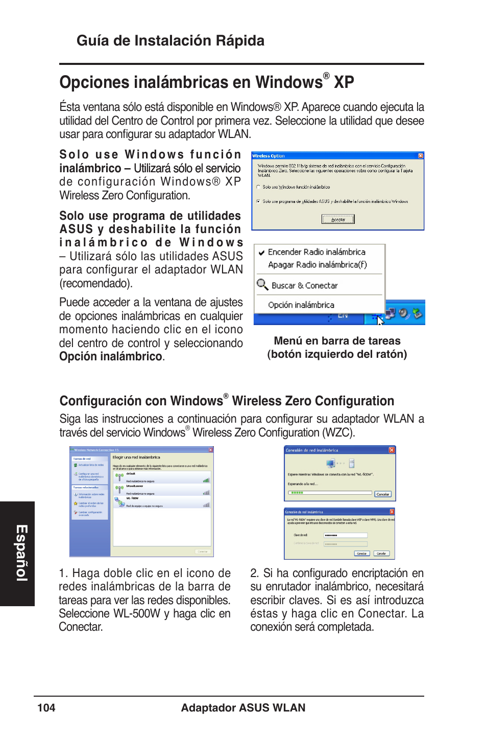 Opciones inalámbricas en windows, Guía de instalación rápida español | Asus WL-160W User Manual | Page 105 / 127