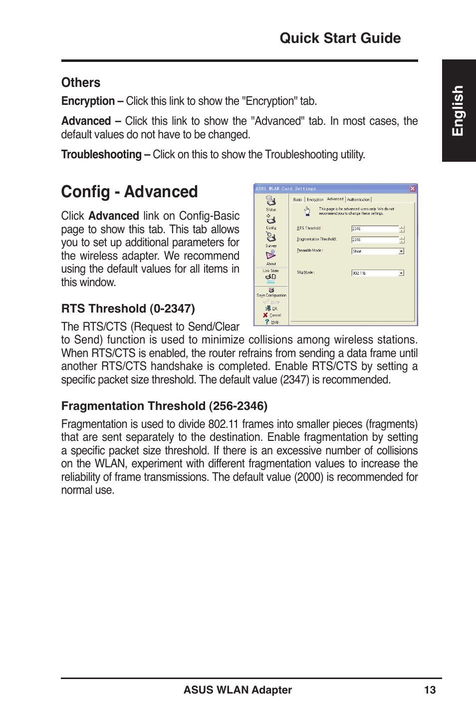 Config - advanced, Quick start guide english | Asus WL-160W User Manual | Page 14 / 127